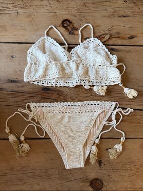 She Made Me- Crochet Two-Piece Bikini Set - Cream